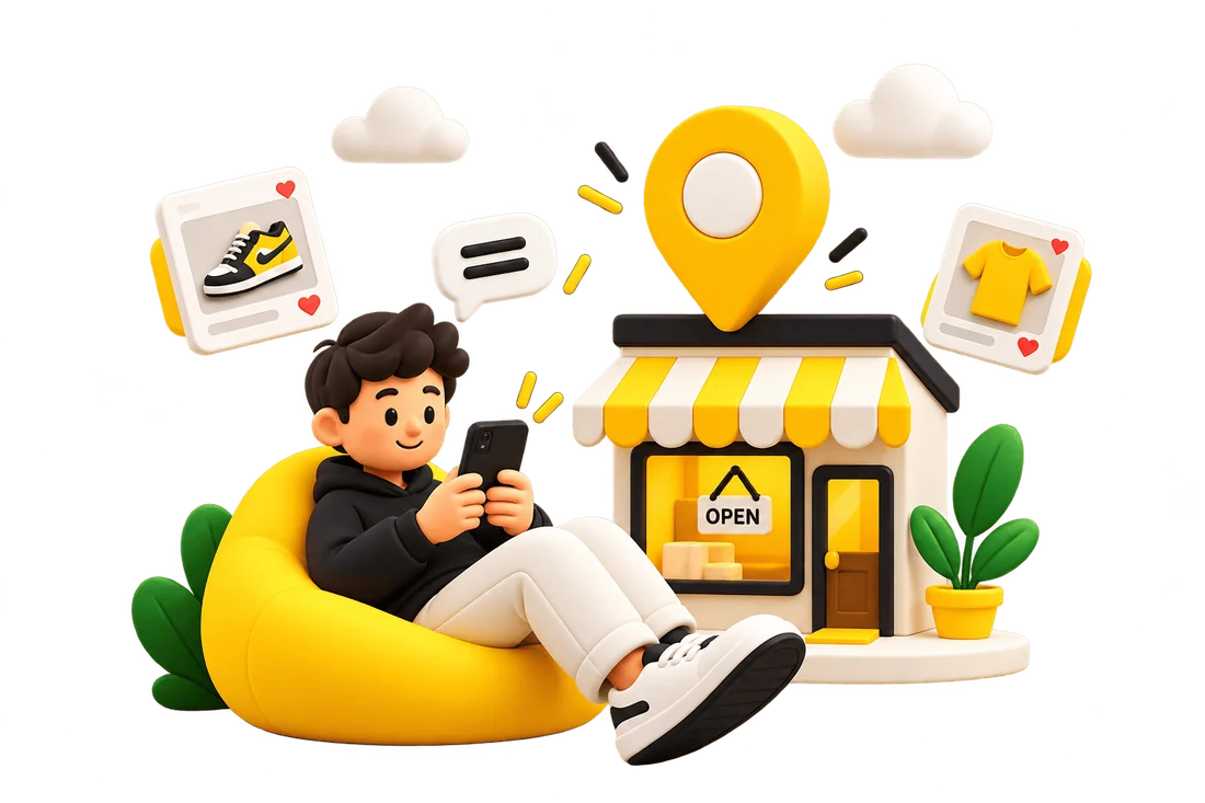 A young man relaxing on a beanbag, browsing nearby shops on his phone, next to an open shop with a location pin